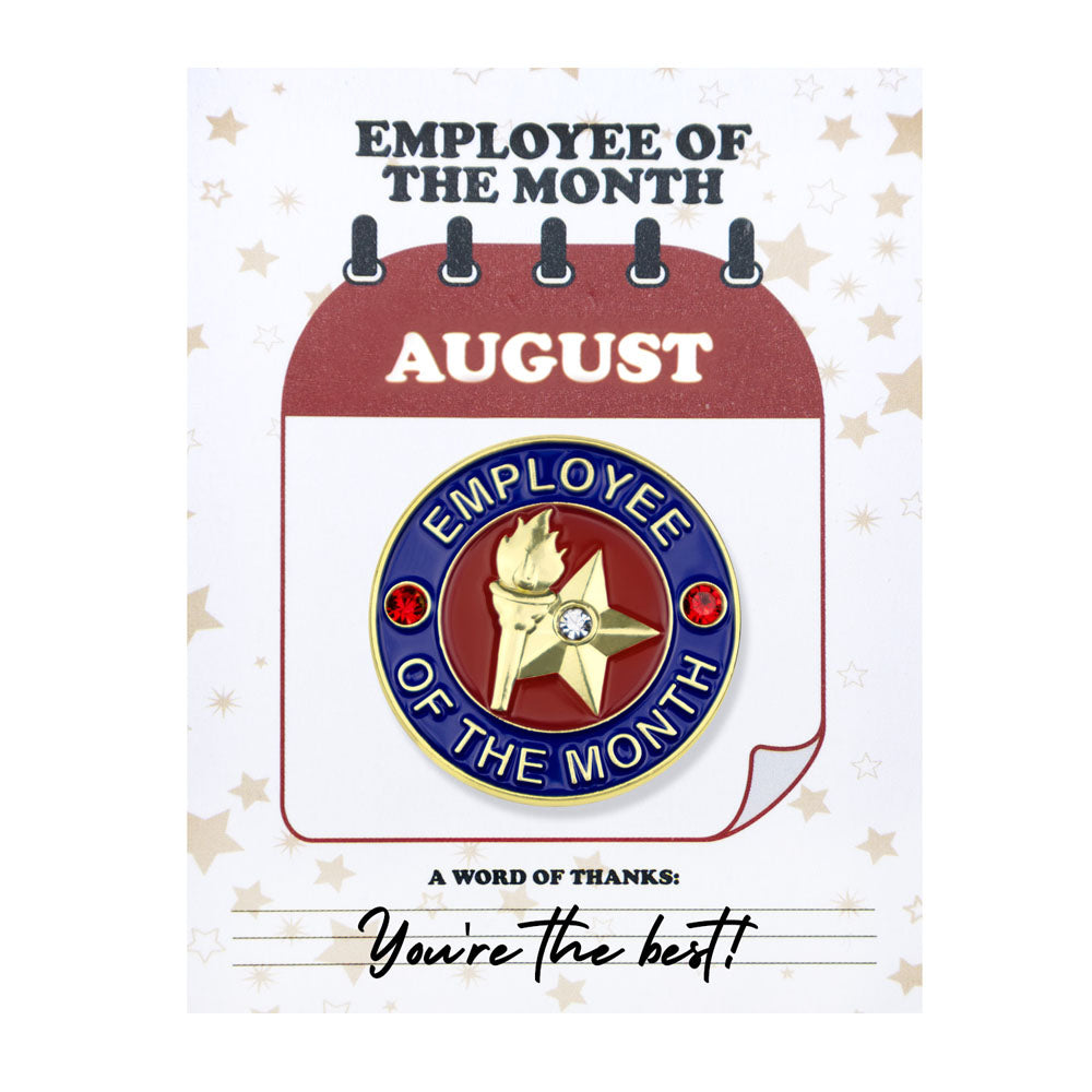 1-1/8 Inch August Employee of the Month Enameled Lapel Pin-Brooches & Lapel Pins-Lapel Pin Corner