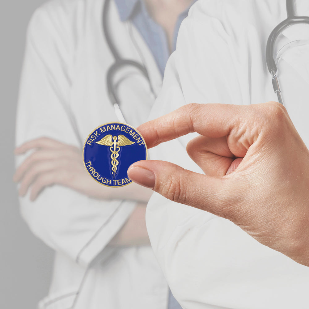 1-1/8 Inch Risk Management Through Teamwork Blue Enameled Gold Pin With Caduceus-Brooches & Lapel Pins-Lapel Pin Corner
