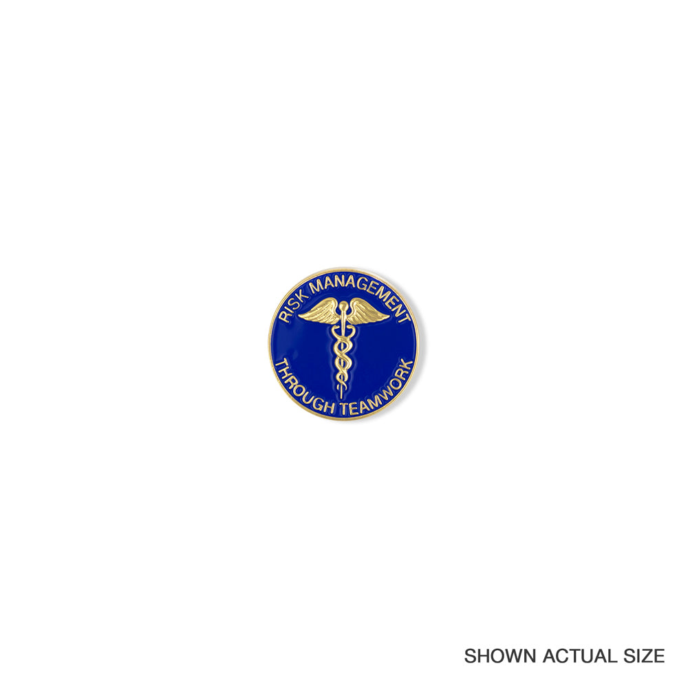1-1/8 Inch Risk Management Through Teamwork Blue Enameled Gold Pin With Caduceus-Brooches & Lapel Pins-Lapel Pin Corner
