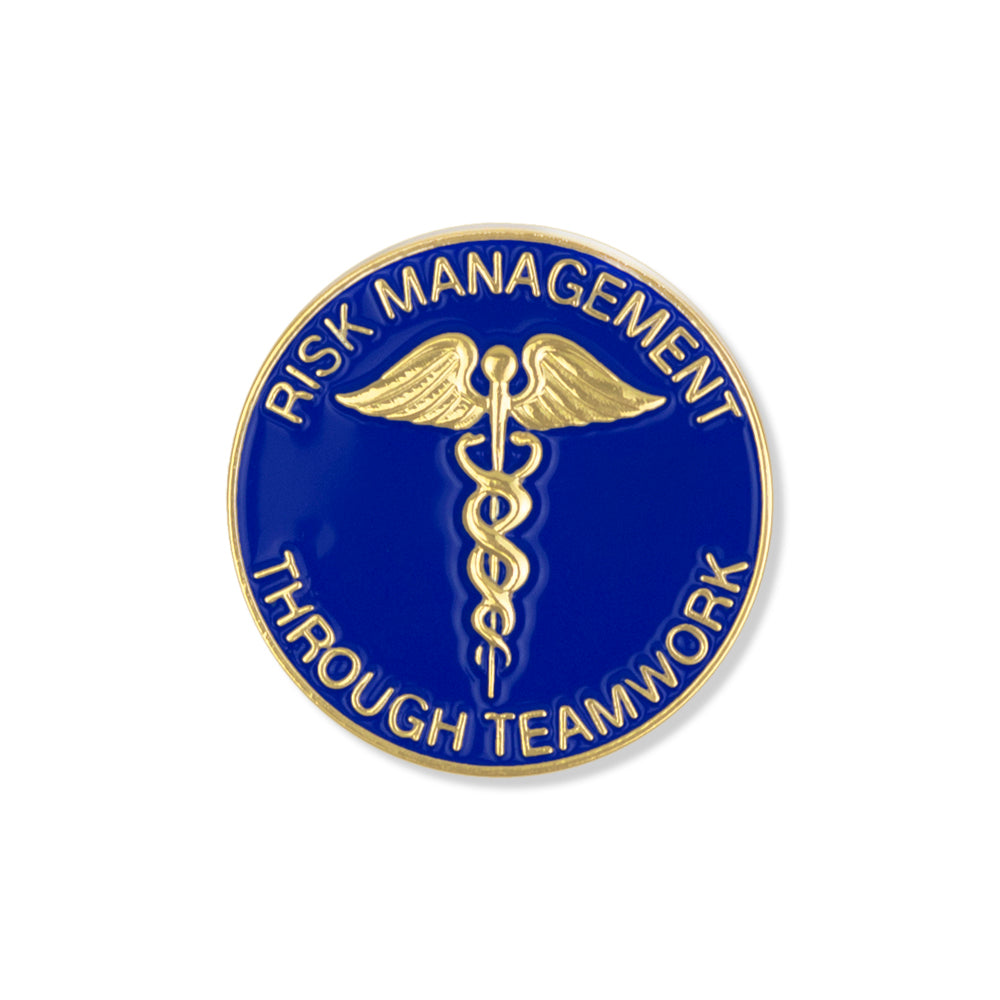 1-1/8 Inch Risk Management Through Teamwork Blue Enameled Gold Pin With Caduceus-Brooches & Lapel Pins-Lapel Pin Corner