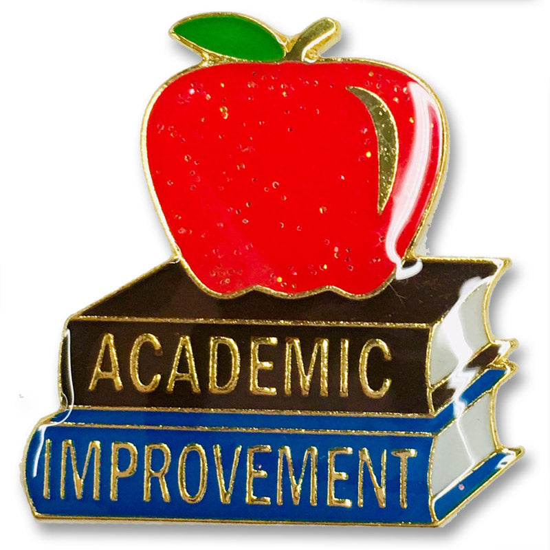 1 Inch Academic Improvement with Apple on Books Enameled Lapel Pin-Brooches & Lapel Pins-Lapel Pin Corner