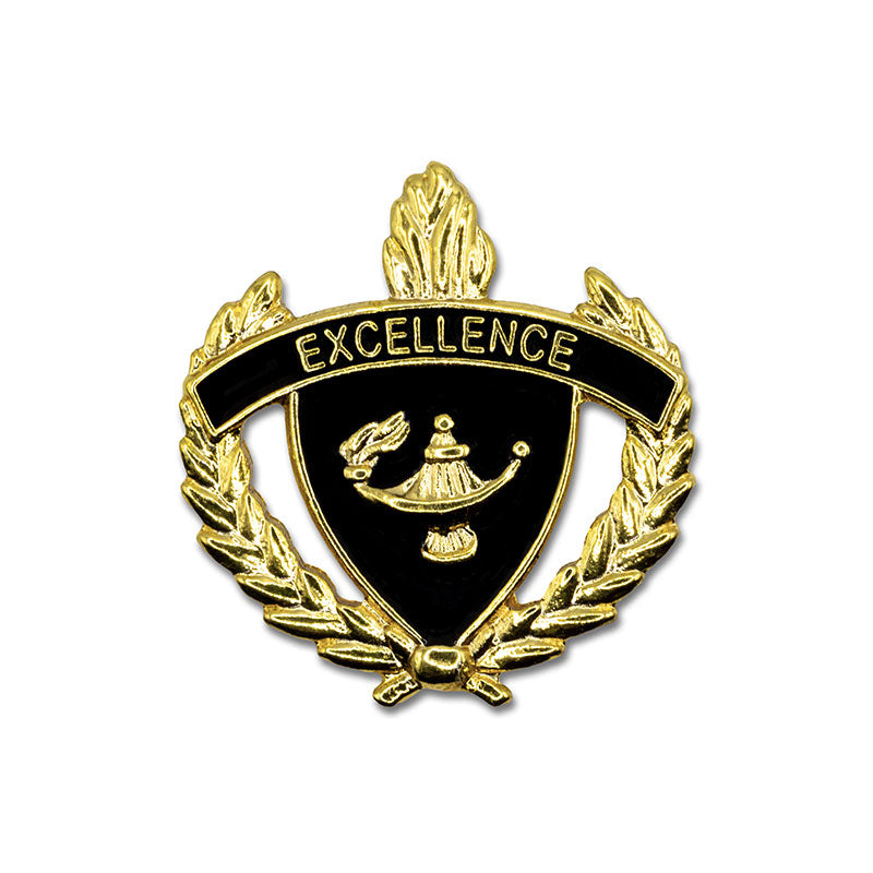 1 Inch Gold "Excellence" with Lamp of Learning and Wreaths Enameled Lapel Pin-Brooches & Lapel Pins-Lapel Pin Corner