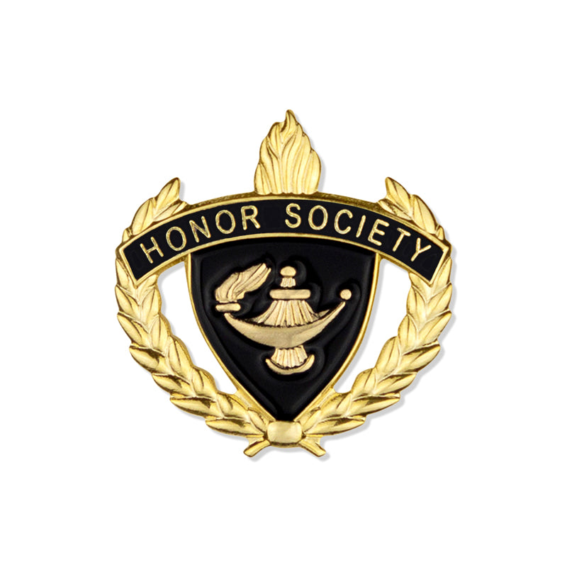 1 Inch Gold "Honor Society" with Lamp of Learning and Wreaths Enameled Lapel Pin-Brooches & Lapel Pins-Lapel Pin Corner