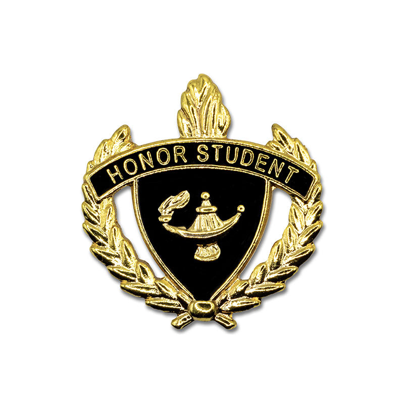 1 Inch Gold "Honor Student" with Lamp of Learning and Wreaths Enameled Lapel Pin-Brooches & Lapel Pins-Lapel Pin Corner
