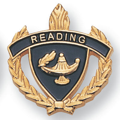 1 Inch Gold "Reading" with Lamp of Learning and Wreaths Enameled Lapel Pin-Brooches & Lapel Pins-Lapel Pin Corner