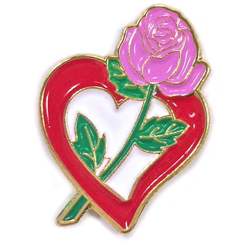 1 Inch Red Heart with Pink Rose and Green Stem Lapel Pin-Brooches & Lapel Pins-Lapel Pin Corner
