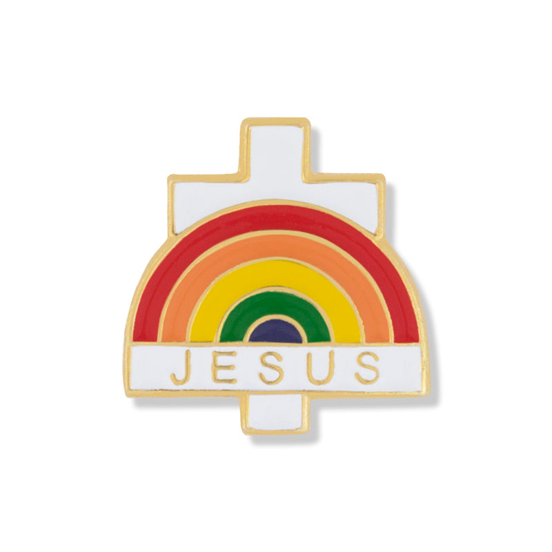 1/2 Inch Gold Enameled Rainbow, Cross, and Jesus Lapel Pin-Brooches & Lapel Pins-Lapel Pin Corner
