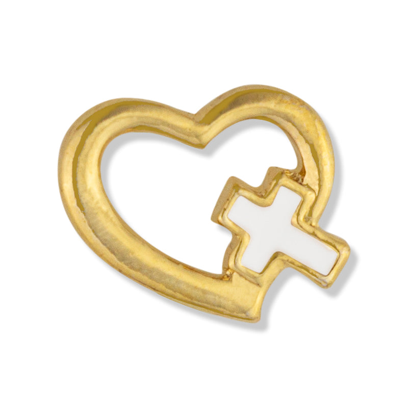 1/2 Inch Gold Heart with Enameled White Cross Lapel Pin-Brooches & Lapel Pins-Lapel Pin Corner