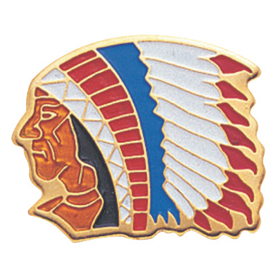 3/4 Inch Indian Chief Etched Brass Enameled Pin-Brooches & Lapel Pins-Lapel Pin Corner