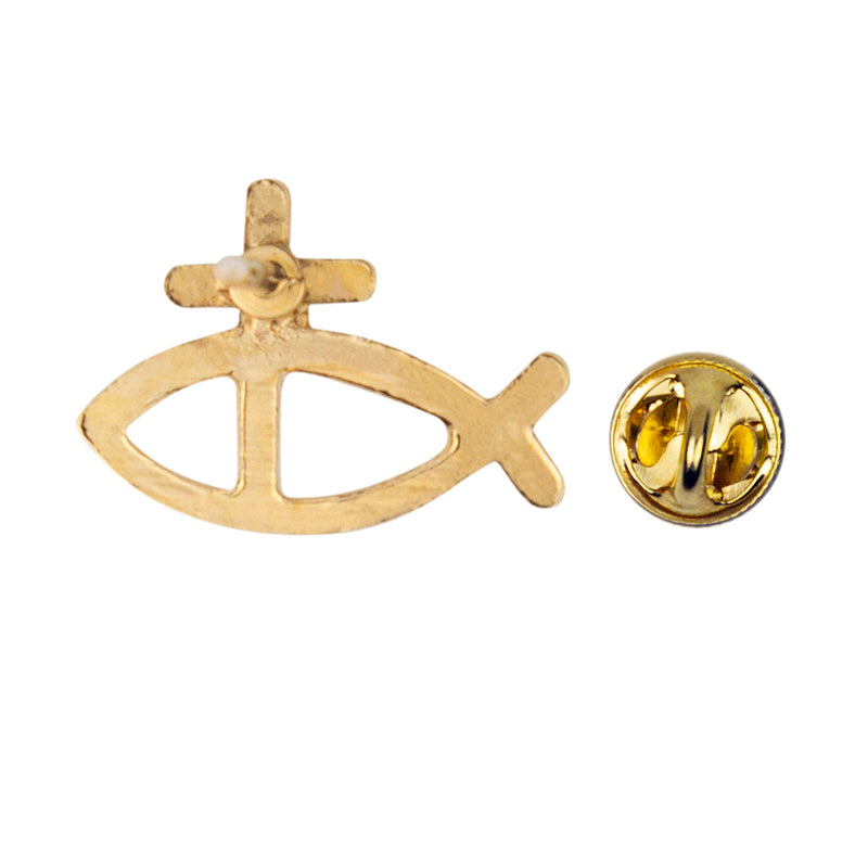 3/8 Inch Gold Fish with Cross Lapel Pin-Brooches & Lapel Pins-Lapel Pin Corner