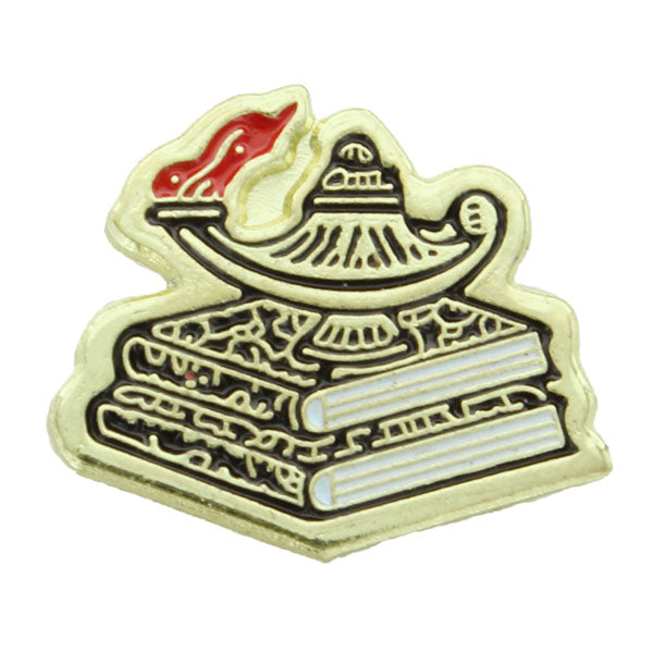 5/8 Inch Lamp of Learning with Books Enameled Lapel Pin-Brooches & Lapel Pins-Lapel Pin Corner