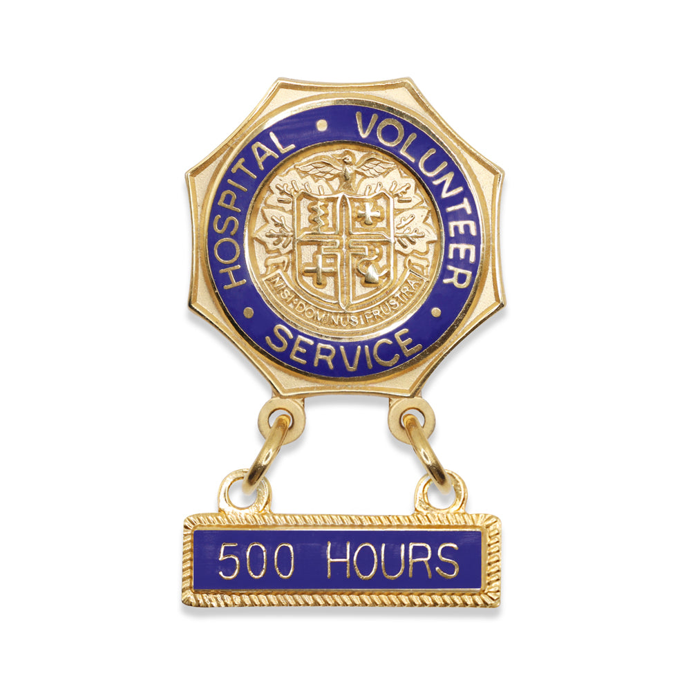 7/8 Inch Enameled Brass Hospital Volunteer Service "500 Hours" Lapel Pin-Brooches & Lapel Pins-Lapel Pin Corner