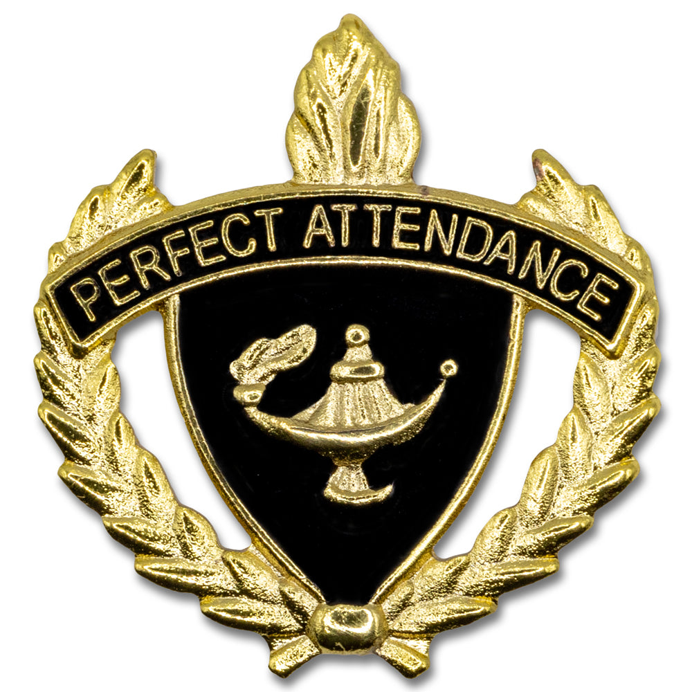 1 Inch Gold "Perfect Attendance" with Lamp of Learning and Wreaths Enameled Lapel Pin-Brooches & Lapel Pins-Lapel Pin Corner